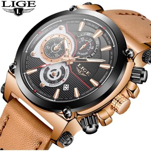 LIGE New Fashion Mens Watch Men Leather Military Quartz Watch Chronograph Male Waterproof Sport watch Clock Relogio Masculino