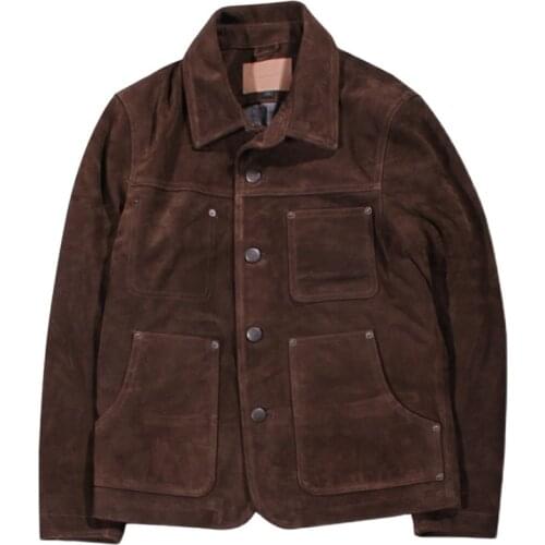 Mcikkny Men Genuine Suede Leather Jackets And Coats Vintage Casual Motorcycle Outwear Tops For Male Clothing Multi Pockets