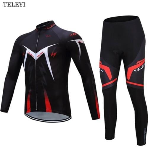 TELEYI Pro Team Wear Mens Ropa Ciclismo Maillot Cycling Long Set Long Sleeve Black Cycle Jersey and Padded Bicycle Bib Pants