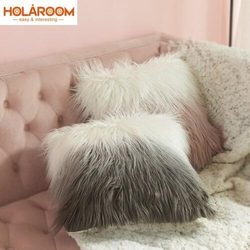 Holaroom Gradient Faux Fur Pillowcase Plush Cushion Cover Square Dyed Throw Pillow Cover For Sofa Car Chair Home Hotel Decor