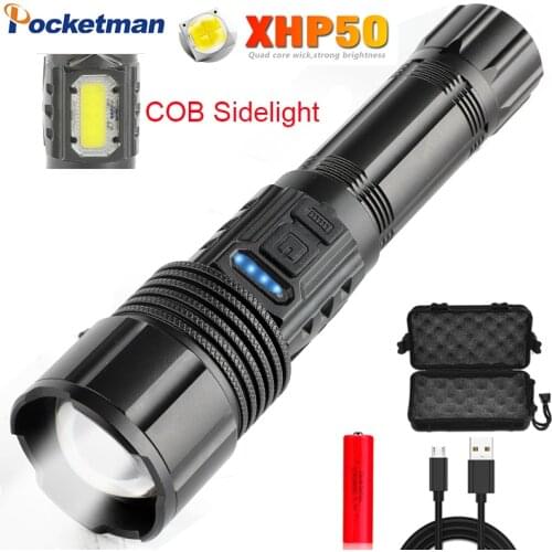 Newest XHP50 LED Flashlight Portable Torch Zoomable Flashlight Lanterna Waterproof Flashlight Tactical Flashlight With COB Light