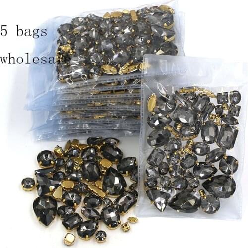 New arrival Wholesale 5 bags mixed shape sew on glass crystal Gray rhinestones gold base for clothing/dress