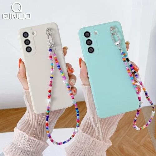 Beads Strap Hang Charm Case For Samsung S20 S21 Plus Ultra FE A51 A71 A32 A52 A72 A11 A12 A21S A22 A03S Lanyard Chain Cute Cover