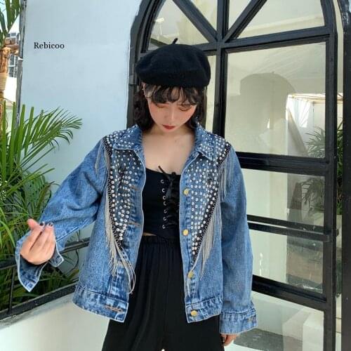 Autumn Streetwear Denim Jacket Women Hand-Studded Rivet Tassel Chain Short Jeans Jacket Loose Black Coats