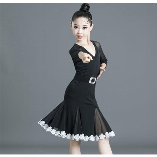 Children Latin Dance Dress Tango Salsa Ballroom Kids Dresses Black Modern Samba Rumba Competition Practice Dancewear for Stage