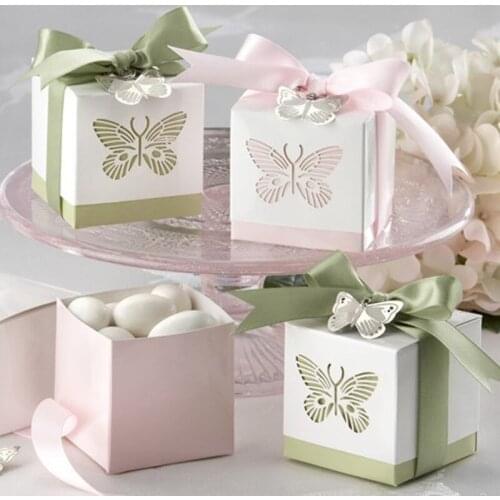 Wedding Favor Laser-cut Butterfly Favor Boxes Ribbons and Metal Butterfly Pendant Included 500PCS/LOT Free shipping