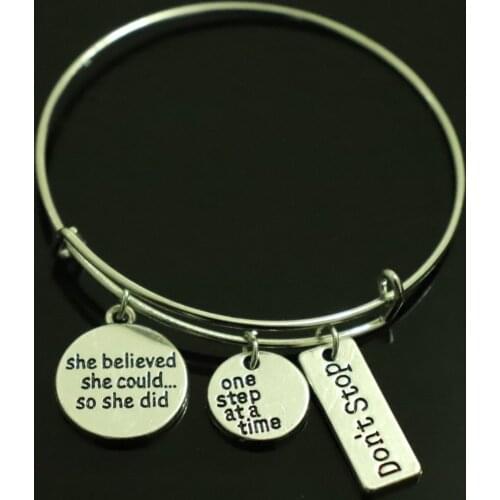 Popular inspirational label girl bracelet she should she could so she did pendant Combination adjustable retractable Wire Bangle