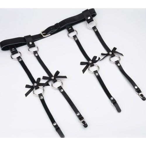 Sexy Women Men leather Waist Garter belt for Stockings Bow Handmade Punk Costume Outfit O-Round Waist Belt with 4 suspenders