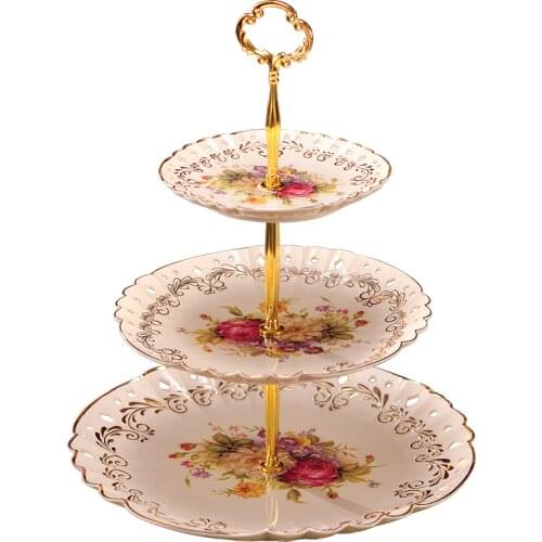 Luxury Ceramic Three-tier Dim Sum Shelf Flower English Tray Multi-layer Cake Plate Fruits Plates Afternoon Tea Dessert Dishes