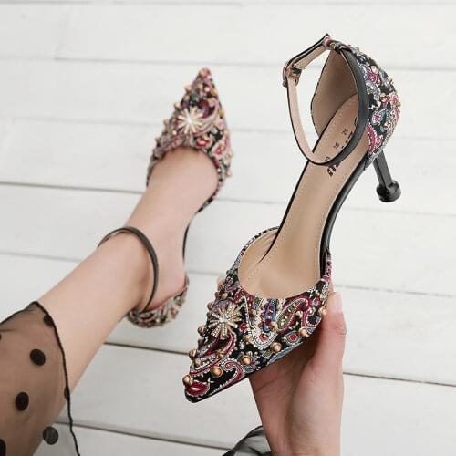 Fashion Sandals Women Shoes Print Party Black Heels High 8CM Ethnic Rivet Summer Pumps Sandalias Feminina Sapato Feminino Luxo