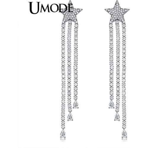UMODE Fashion CZ Stone Charm Star Long Tassel Drop Earring for Women White Gold Color Earrings Jewelry Pendientes AUE0309