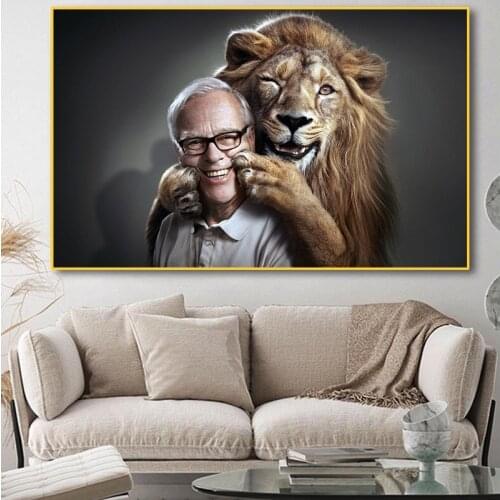 Modern Abstract Old Man and Lion Smiling Animal Canvas Paintings on The Wall Art Prints Picture for Living Room Home Decor