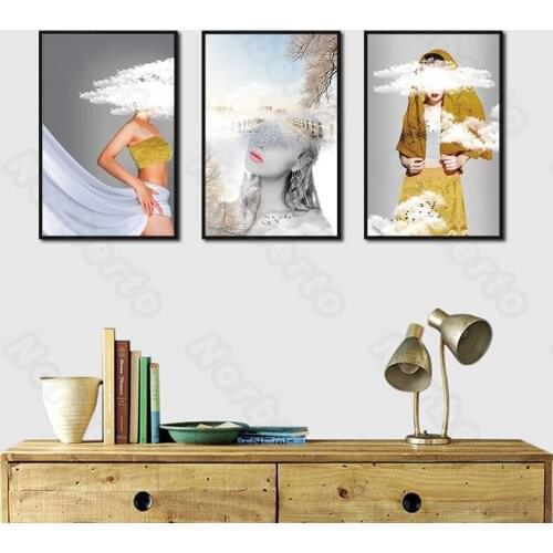 Modern Fashion Style Canvas Painting Poster Charming Women Blinfolded Eyes with Yellow and White Clothes for Home Room Decoratio