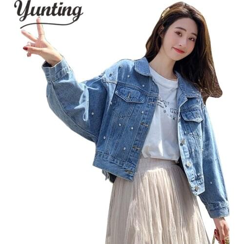 Women Blue Pearl Beading Denim Jackets Korean Fashion Streetwear Pearl Jeans Coat Autumn Denim Outfit