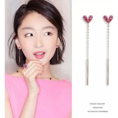 Clip On Earrings Chain Long Danlge Rose Red Heart Zircon No Hole Womans Earring Elegant Korean Acesories For Women Ladies Girls