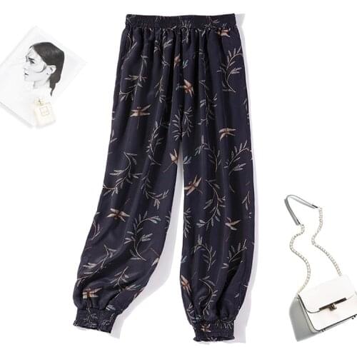 Womens 100% Pure Silk Printed Elastic Waist Jogger harem Pants Trousers L XL JN519