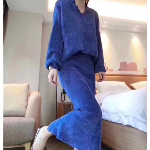 Spring and autumn new fashion V-neck loose high-quality snow fluffy suit noble temperament skirt female two-piece women set