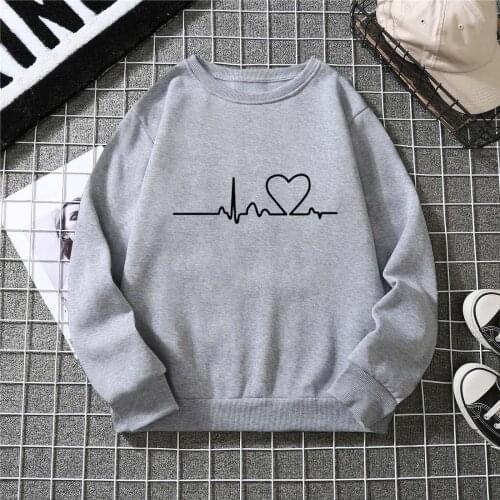 Women Autumn Fashion Loose Heartbeat Print Neck Long Sleeve Pullover Tops T-shirt Femme Vintage Clothes Camisas De Mujer