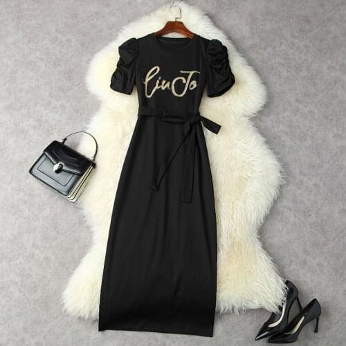 Black Long T-Shirt Dress Woman Summer 2021 New Round Neck Short Sleeved Letters Printed Slim Lace-Up Waist Casual Dress Midi