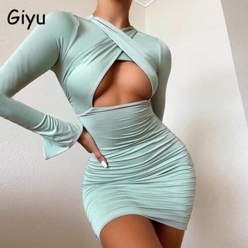 Giyu Club Party Sexy Bodycon Dress Women 2021 Autumn Long Sleeve Robe Hollow Out Vestidos Elegant Casual Ruched Mini Dresses