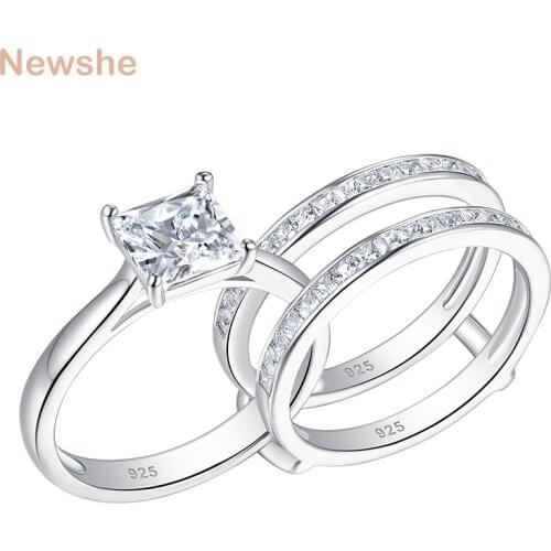 Newshe Solid 925 Sterling Silver Wedding Rings For Women Solitaire Princess Cut Engagement Ring Eternity AAAAA Zircon Guard Band