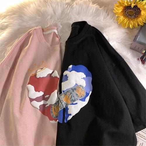 100% Cotton Couple Heart Print Tshirt Black Funny Streetwear Female Tops Tee Short Sleeve Fashion Luffy T Shirt Hip Hop Clothes