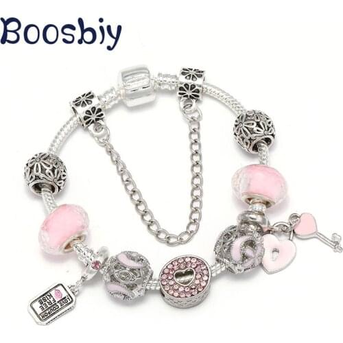Boosbiy New Arrival Charms Bracelets With Pink Key & Love Voucher Beads Pendants Fit Brand Bracelet Jewelry Gift for Lover