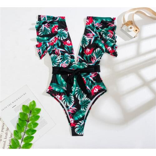 One Piece Swimsuit 2021 Print Plus Size Swimwear Women V-Neck Belt Monokini Sexy Ruffle Bathing Suits Push Up String Beach Wear