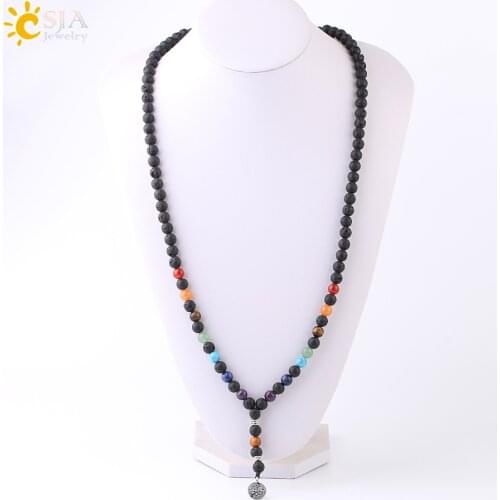 CSJA Natural Stone Black Lava Mala Necklaces for Men 8mm Hematite Wood Beads 7 Chakras Buddha Yoga OM Rosary Ethnic Jewelry F762