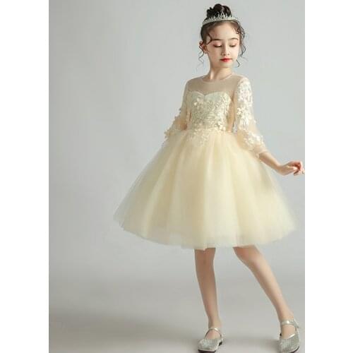 Flower Girl Dress Illusion Appliques Pearls Embroidery O-Neck Princess Knee-Length Tulle Lace Light Yellow Kids Party Gown H347