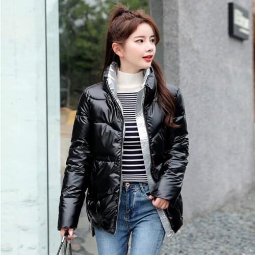 Fad Autumn Womens Winter Coats Vogue Silver Stand Collar Parkas Winter Jacket Women Pockets Padded Cotton Coat Ropa De Mujer