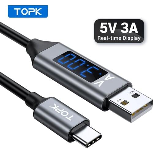 TOPK Fast Charging USB 3.0 USB Type C Cable , Voltage and Current Display Data Sync USB-C Cable for Xiaomi A1 Samsung S9