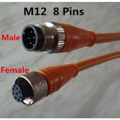 M12* 1, 8 wires, 8 pin /core straight plug sensor connector female & male with Shielding wire 2pcs/lot