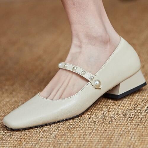 Womens genuine leather beading buckle slip-on flats maey jane single shoes high quality square toe casual student style shoes
