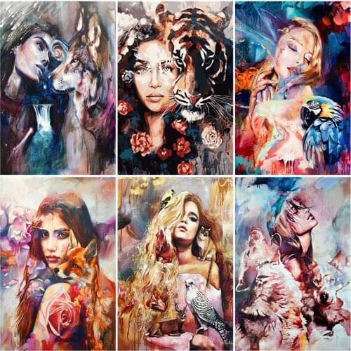 DIY 5D Poured Glue Diamond Painting Kits Scalloped Edge Canvas Wolf Girl Handcraft Unique Gift Unframe Animal Home Decoration