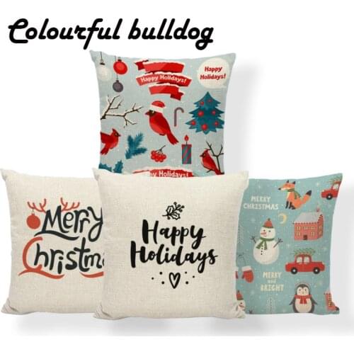 Fox Rabbit Owl Cushion Merry Christmas Pillow Covers Deer Dog Penguin Pug Party Home Decorative Pillowslip Covers 17.7Inch Linen