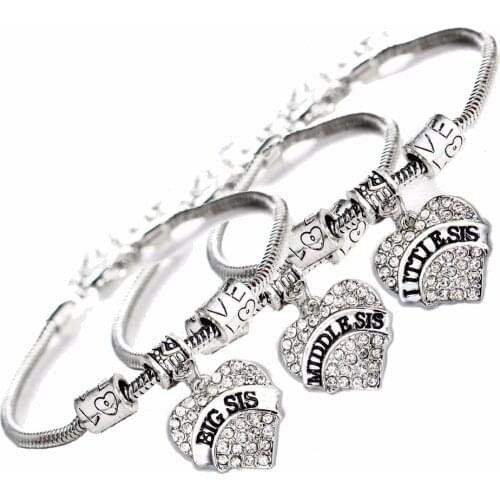 3Pcs New Big Middle Little Sis Sisters Bracelets Clear Crystal Heart Women Family Friends Gifts Jewelry Love Beads Chain Bangle