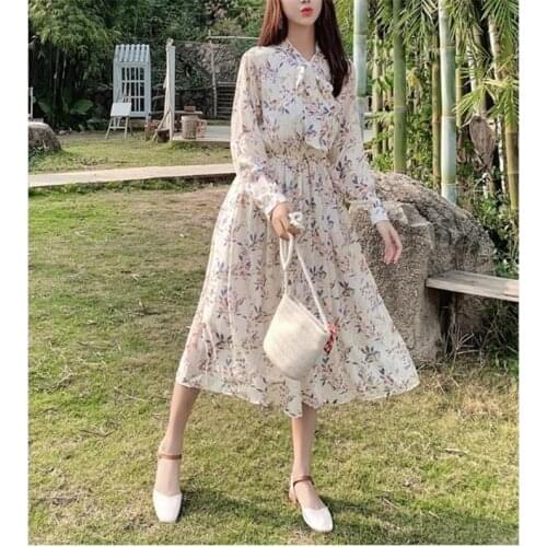 Long sleeve 3XL Plus size spring and Autumn Print dresses Bow Loose dress bohemian vacation midi dress