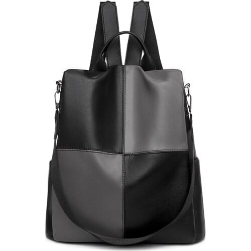 Womens Backpack Black New Ladies Anti-theft Bagpack Splicing Female Multifunction Bag All-match Artificial Leather