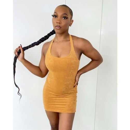 Sexy Halter Bodycon Mini Dress Solid Color Halter Neck U Neck Sleeveless Womens One Step Dress Summer Fashion Party Dresses