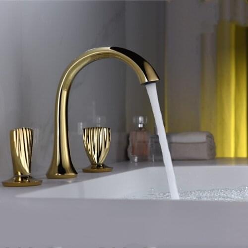 Gold Brass Double Handle Bathroom Sink Faucet Hot Cold Basin Faucet Mix Tap golden Three holes Bathroom Faucets-High quality