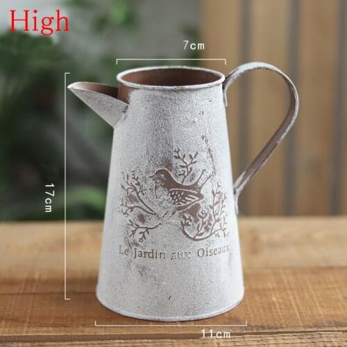 Vintage Pastoral Style Home Decor Flower Eco Friendly Garden Bird Print Shabby Iron Vase Galvanised Craft Old Watering Pot Shape