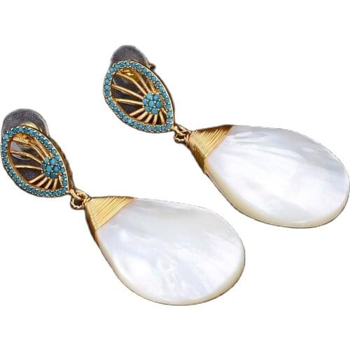 JK Natural Teardrop White Shell Pearl Mop rainbow cubic zirconia Blue CZ Dangle Stud Earrings