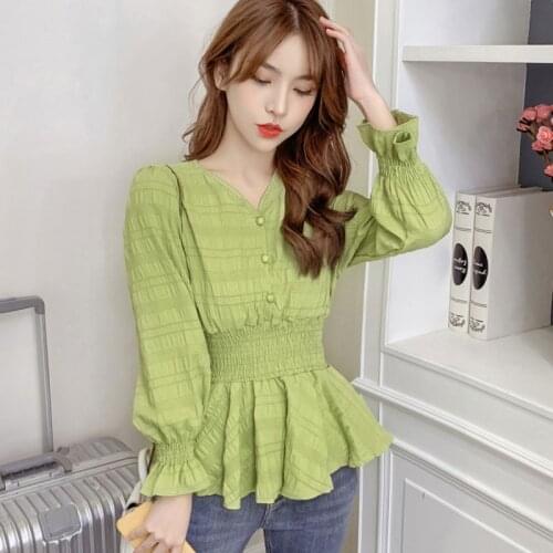 #1918 Green White Yellow Slim Casual Blouse Women V Neck Spring 2021 Ruffles Cute Korean Style Sexy Basic Blouse Elastic Waisted