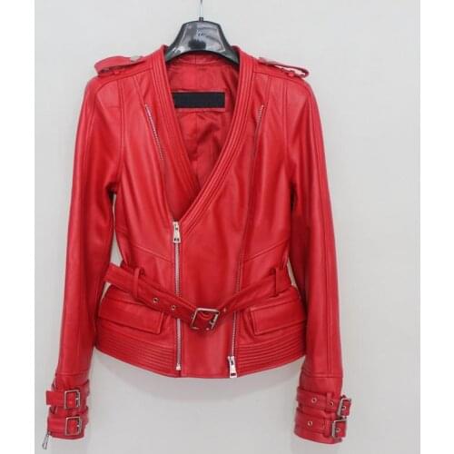 Double Zippers Design Real Jacket Ladies Motorcycle Biker Slim Genuine Leather Short Coat V-Neck Lambskin Outwear Women