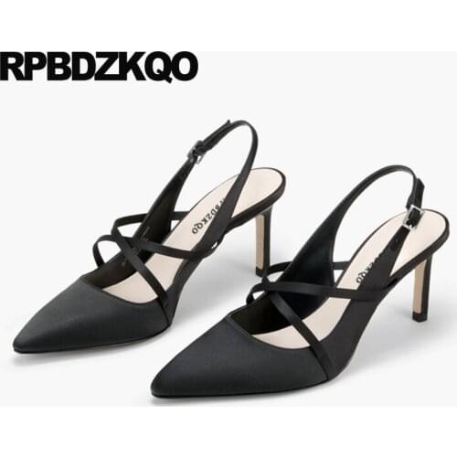 Satin stiletto 3 inch size 4 34 black high quality pointed toe 2019 korean pumps heels slingback brand designer shoes women thin