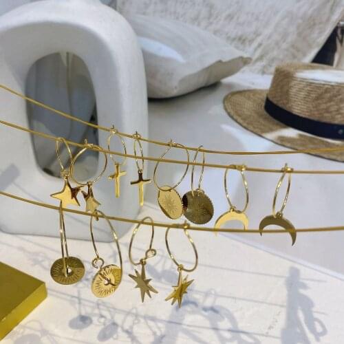 Stainless Steel Gold-plated 18K Golden Earrings For Women Cross Star Moon Round Shape Thin Circles Hoope Jewelry Gift For Friend