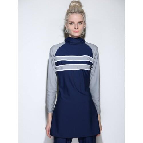 Women Stripe Printed Muslim Swimwear Hijab Muslimah Islamic Plus Size Swimsuit Swim Surf Wear Sport Burkinis