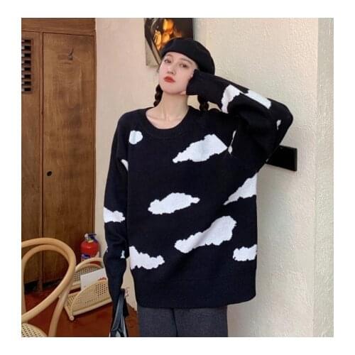 Korean Version Of Black Sky Blue Cartoon Cloud Icon Ladies Sweater Knitted Pullover 2021 Spring And Autumn New Pull Pullover
