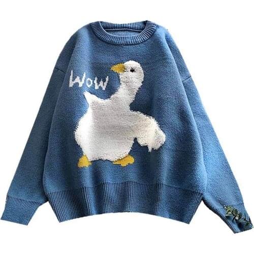 Cartoon Duck Print Knitted Sweater Women Sweet Cute Loose Korean Fashion Casual O Neck Long Sleeve Pullover Jumper Female Pull